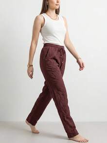WOMEN CASUAL LOOSE FİT PANTS ELASTİC WAİST - Burgundy - View 5