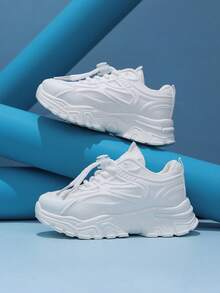 1 par de zapatillas deportivas de correr para estudiantes, color blanco, malla transpirable - Blanco - Ver 5