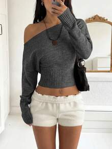 Suéter de punto con hombros abiertos y descubiertos, cómodo y elegante, adecuado para citas, reuniones diarias, viajes casuales en otoño/invierno y primavera - Gris Oscuro - Ver 1