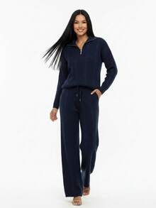 Women's Winter Knit Set: Zip-Up Blouse And Pants - Navy Blue - View 1