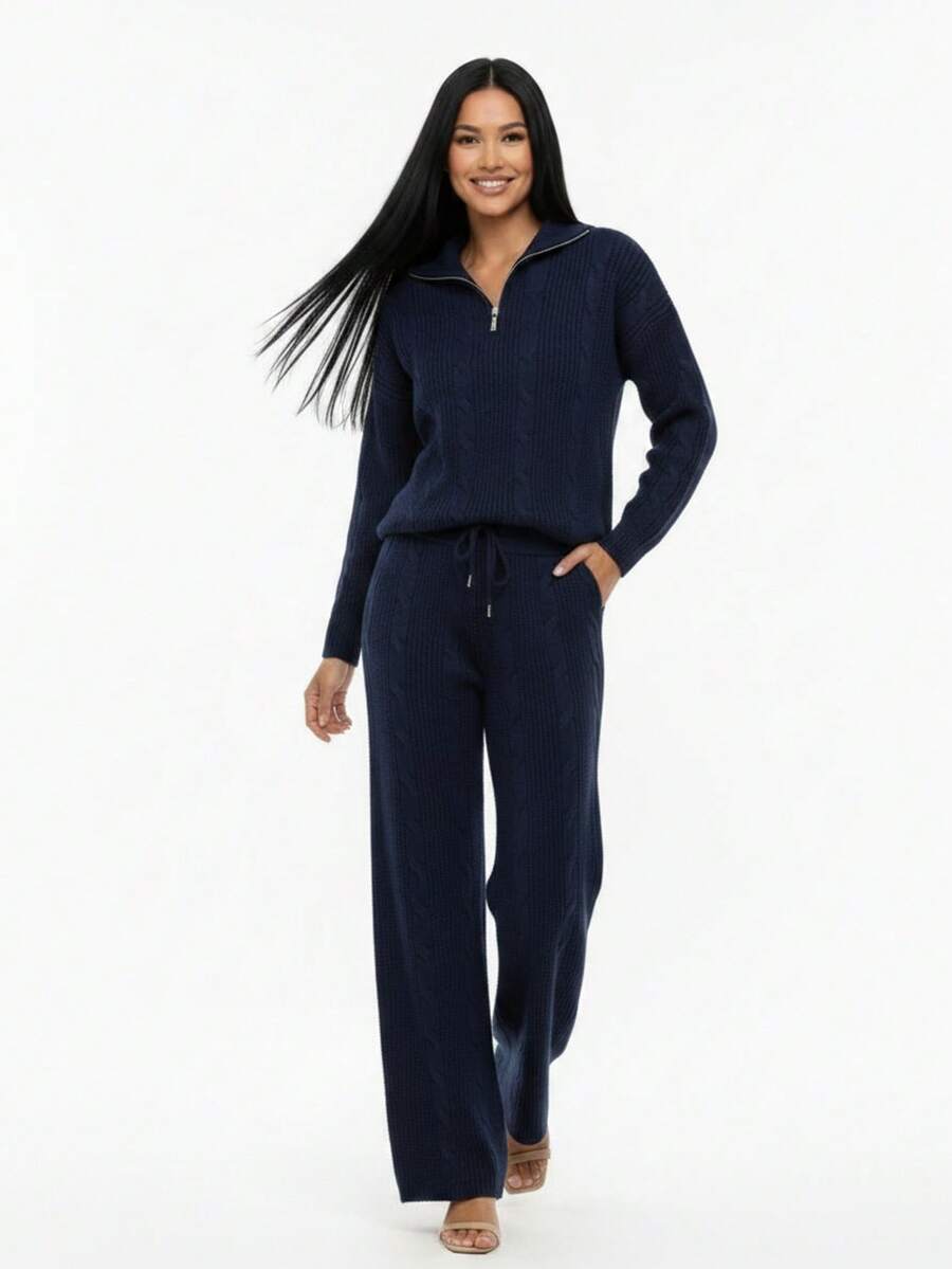 Women's Winter Knit Set: Zip-Up Blouse And Pants - Navy Blue - View 1