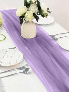1pc/2pcs 2m Solid Light Purple Yarn Table Runner, Mesh Arch Wedding Arch Fabric Tablecloth, Birthday Party Tablecloth Decoration, Valentine's Day Background Decoration, Polyester Romantic Party Wedding Tablecloth Decoration - Purple - View 2