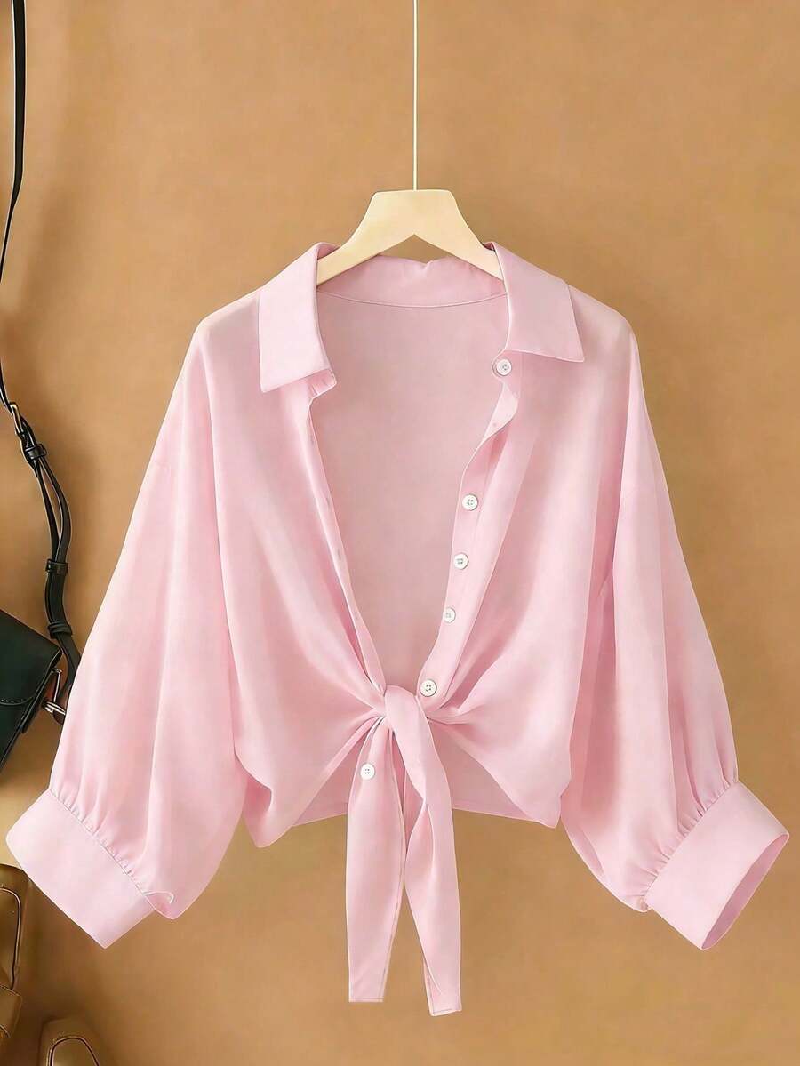 New Women's Casual Solid Color Chiffon Blouse With Short Batwing Sleeves - 羅莎 - 查看 1