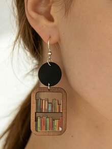 1 Pair Black Wood Round Disc Spliced Double Layer Hollow Wooden Long Vintage Library Earrings - Multicolor - View 3