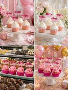 12pcs Birthday Cake Decorations, Double Layer Glitter Birthday Cake Toppers Suitable For Baby Shower, Boy Girl Birthday Party, Pink Glitter Birthday Supplies, Birthday Party Dessert Decoration, Outdoor Lawn Birthday Party - Multicolor - View 7