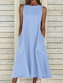 Nuevo vestido estilo europeo y americano de , cuello redondo, sin mangas, vestido largo con doble bolsillo. - Azul - Ver 1