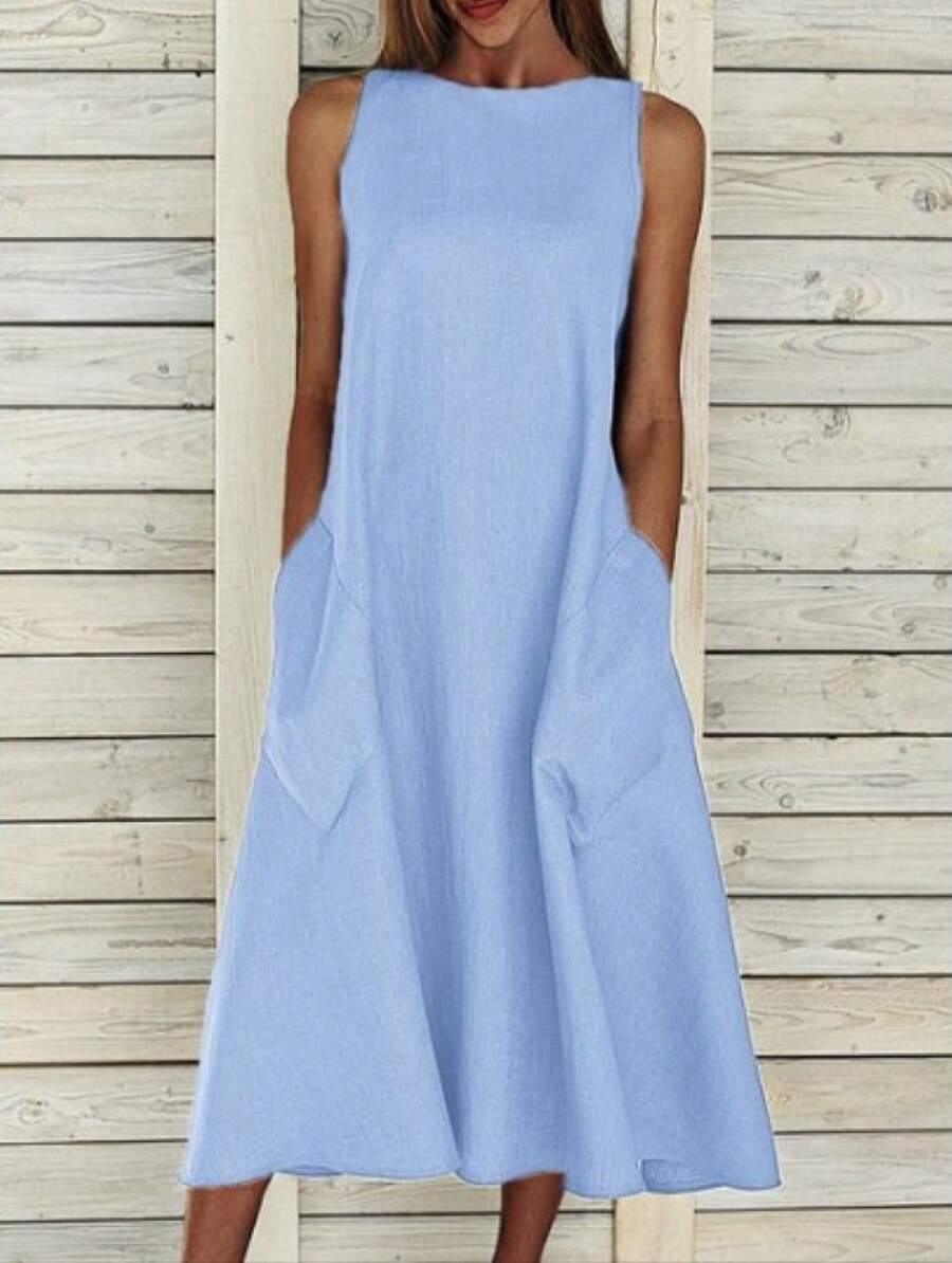 Nuevo vestido estilo europeo y americano de , cuello redondo, sin mangas, vestido largo con doble bolsillo. - Azul - Ver 1