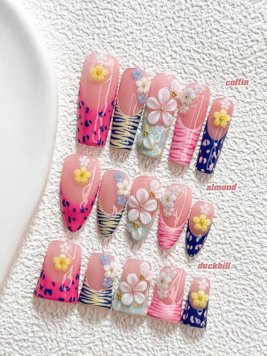 10件夏季花卉手工穿戴甲,Polygel美甲套組,花卉圖案配金珠,粉色、綠色與藍色指甲油,多巴胺風格,含美甲工具,3種尺寸可選,杏仁形、鴨嘴形、棺材形,適合派對、跳舞、日常配戴 - 彩色 - 查看 1