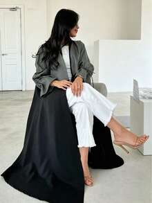 Middle Eastern Style Robe, Fashion Patchwork Design With Drawstring Cuffs, Elegant Fitted Long Dress, Casual Summer Holiday Dress - Grey - View 5
