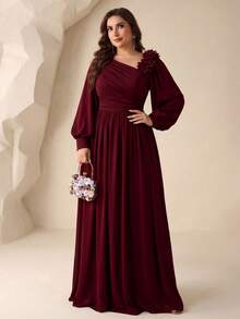 SUPGIR Elegant Solid Color Chiffon Asymmetrical Shoulder Floral Decor Bridesmaid Dress - Burgundy - View 4