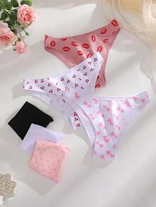 6件組女款純棉素色櫻桃愛心唇形印花混款高衩低腰性感三角內褲，柔軟舒適大尺碼內衣 S-XXL - 彩色 - 查看 5
