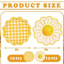10/20/40pcs 9 Inch Bohemian Sun Paper Plates, Scalloped Edge, Yellow Plaid Pattern, Disposable Dessert Plates For Birthday Party, Baby Shower Party Supplies - Sun - View 7