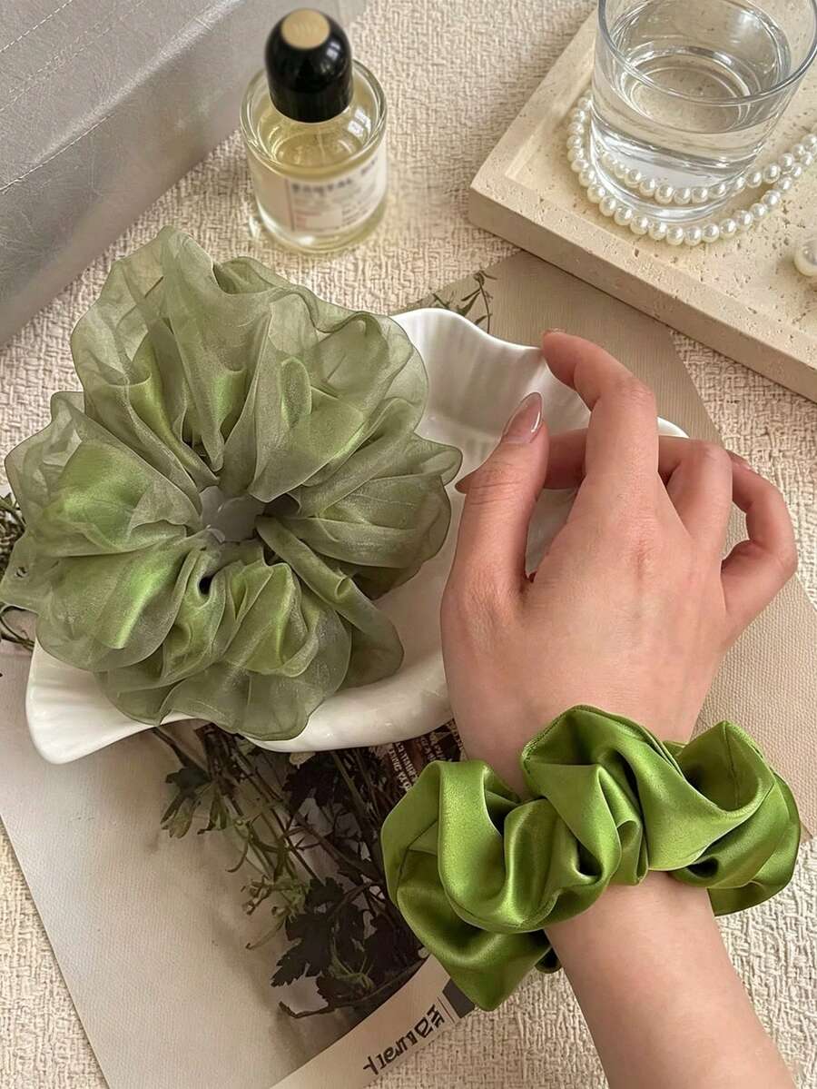 2件裝蘋果綠大號高級網紗時尚髮圈,適合低馬尾與半紮髮造型,女用 - 彩色 - 查看 1