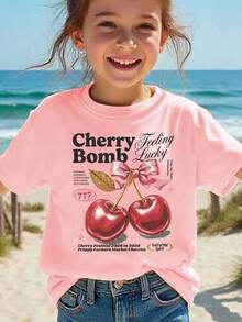 Girls' Short-Sleeved T-Shirt, Summer Style, With "Cherry Bomb" Print, Bow And Cartoon Cherry Design, Casual And Versatile Top NY-DX9386 - 灰色 - 查看 11