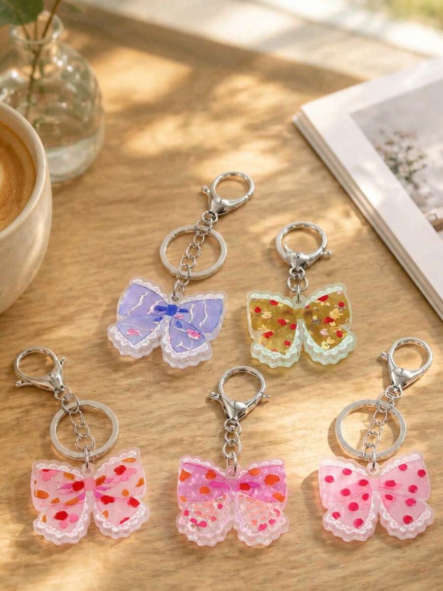 1pc Floral Confetti Bow Acrylic Keychain, Wavy Edge Transparent Bow Pendant Key Ring, Cute Girl Backpack Bag Charm Christmas Gift - Multicolor - View 1