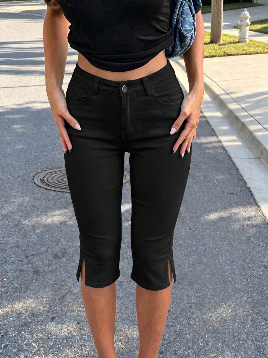 Street Retro Mid-Waist Stretch Split Hem Ankle Length Skinny Jeans Slim Fit Capri Pants Summer/Spring Casual Outing Date - Black Line Black - View 1