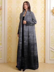 Middle East Grey Printed Pleated Long Robe, Dubai Style Elegant Plus Size Cardigan, Arabic Women's Abaya, Kaftan (Exclusive Design). Z514 - Grey - View 3