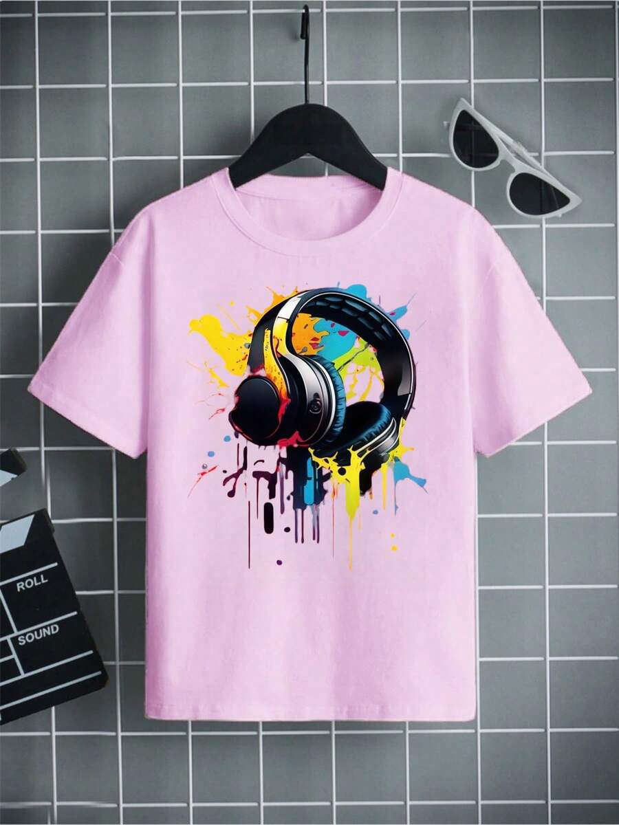 Camiseta de manga corta 100% pura 'S con diseño de auriculares de arte con salpicaduras, perfecta para uso casual - Burdeos - Ver 1