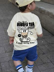 1pc Young Boy Printed Short Sleeve T-Shirt, Student Summer Casual Top, Gift For Kids - Apricot - View 1