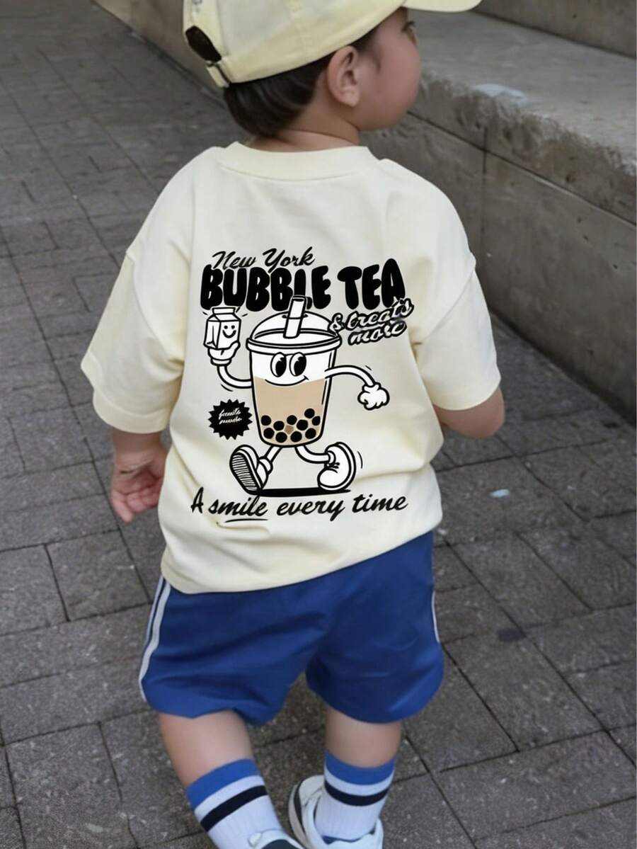 1pc Young Boy Printed Short Sleeve T-Shirt, Student Summer Casual Top, Gift For Kids - Apricot - View 1