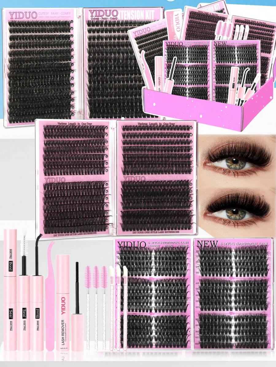 YIDUO 980pcs 6-Style Mixed Cluster Eyelash Extension Set, 80D-300D Pointed Base Dense D-Curl Lashes 5-20mm, Complete DIY Kit With 2 Bottles Of Adhesive And Sealer, Remover, Tweezers And Brush, Suitable For Home Use - Multicolor - View 1