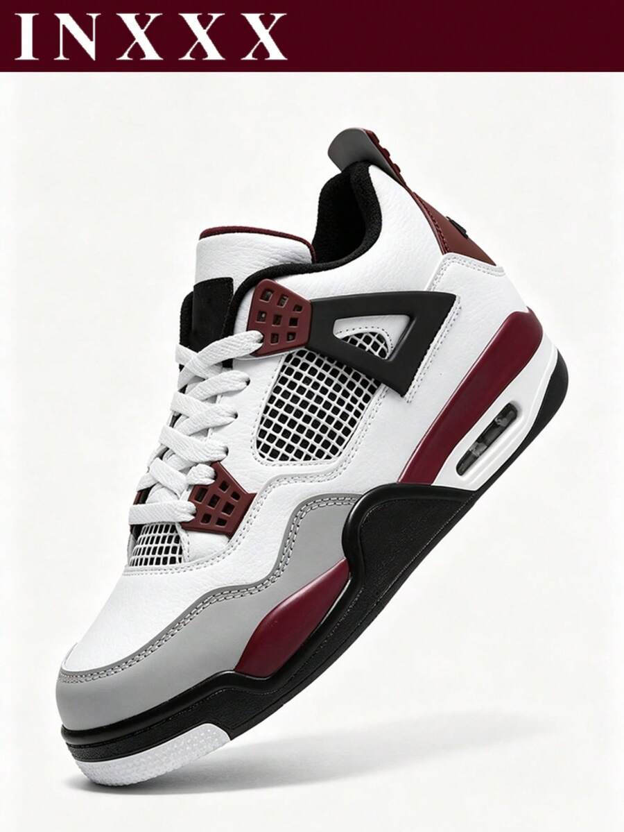 Men's White Wine Red Air Cushion Trainers, AJ4 Style Non-Slip Mid Tops For Sports & Long-Time Walking - 大巴黎 - 查看 1