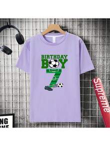 Boy's Number 7 Birthday Party T-Shirt, Featuring A "Birthday Boy" Print In Green Lettering, A Casual Short-Sleeved Sporty Style With Stadium Numbers And A Soccer Ball Design. - 紫色 - 查看 4