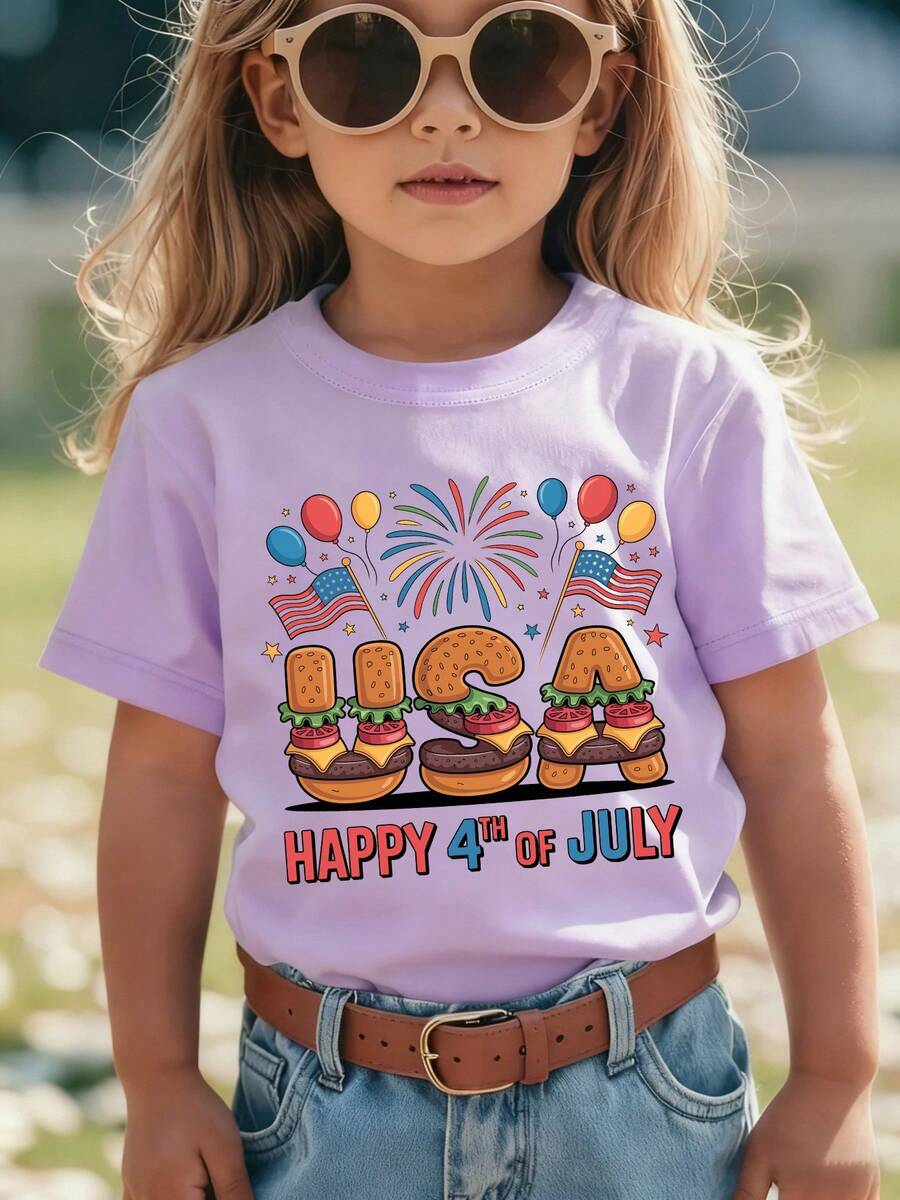Girls' Short-Sleeved T-Shirt From The 'American Independence Day' Collection With Cartoon Prints Such As 'HAPPY 4TH OF JULY', Hamburger, United States, American Flag - 紫色 - 查看 1