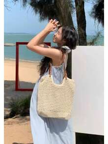 Women's Woven Tote Bag, Lightweight Crochet Beach Bag, Elegant Bohemian Handbag, Large Boho Summer Casual Shoulder Bag, Travel Bag With Zipper, For Vacation, Beach And - 卡其色 - 查看 4