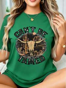Women's Oversized T-Shirt With Western Bull Skull Graphic "Can't Be Tamed", Casual Summer Top, Country Style, Fashion Piece, Casual Blouses For Ladies - 綠色 - 查看 1