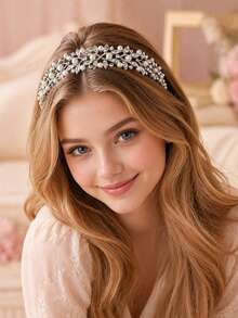 2pcs/Set Kids Girls Gold Silver Faux Pearl Rhinestone Leaf Tiara Headbands For Birthday Party, Princess Dress-Up, Performance, Theme Park & Photos - Multicolor - View 2