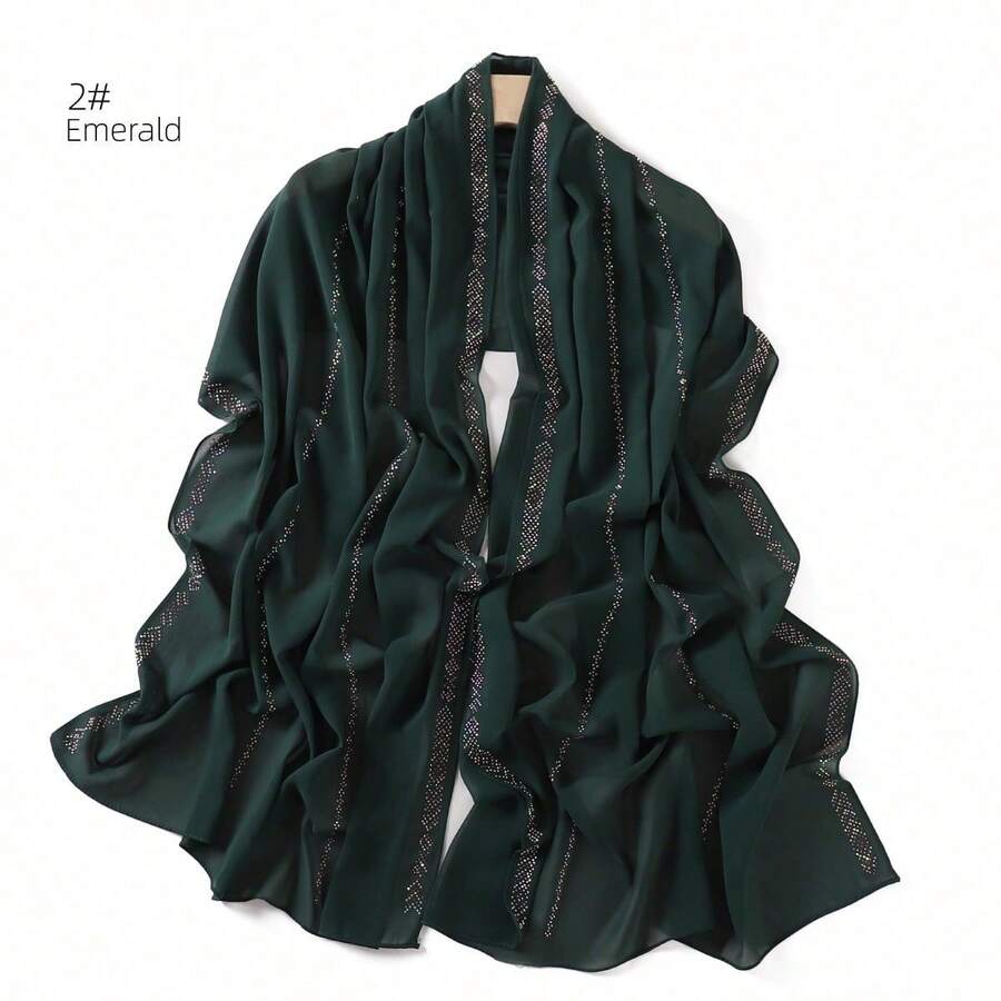 1 Piece Solid Color Rhinestone Chiffon Hijab, Elegant Faux Rhinestone Headscarf, Sunscreen Shawl For Women, Ideal For Dresses. - 酒紅色 - 查看 1