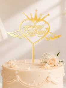 3pcs Gold Mirror Acrylic Happy Birthday Cake Topper With Heart, Crown & Angel Wing Frame, Elegant Cursive Letter With Stick For Cake Top Decoration, Birthday Party, Festive Celebration Cake Decor Supplies - A - View 1