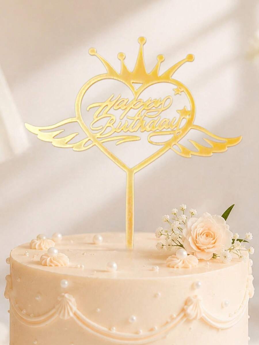 3pcs Gold Mirror Acrylic Happy Birthday Cake Topper With Heart, Crown & Angel Wing Frame, Elegant Cursive Letter With Stick For Cake Top Decoration, Birthday Party, Festive Celebration Cake Decor Supplies - A - View 1