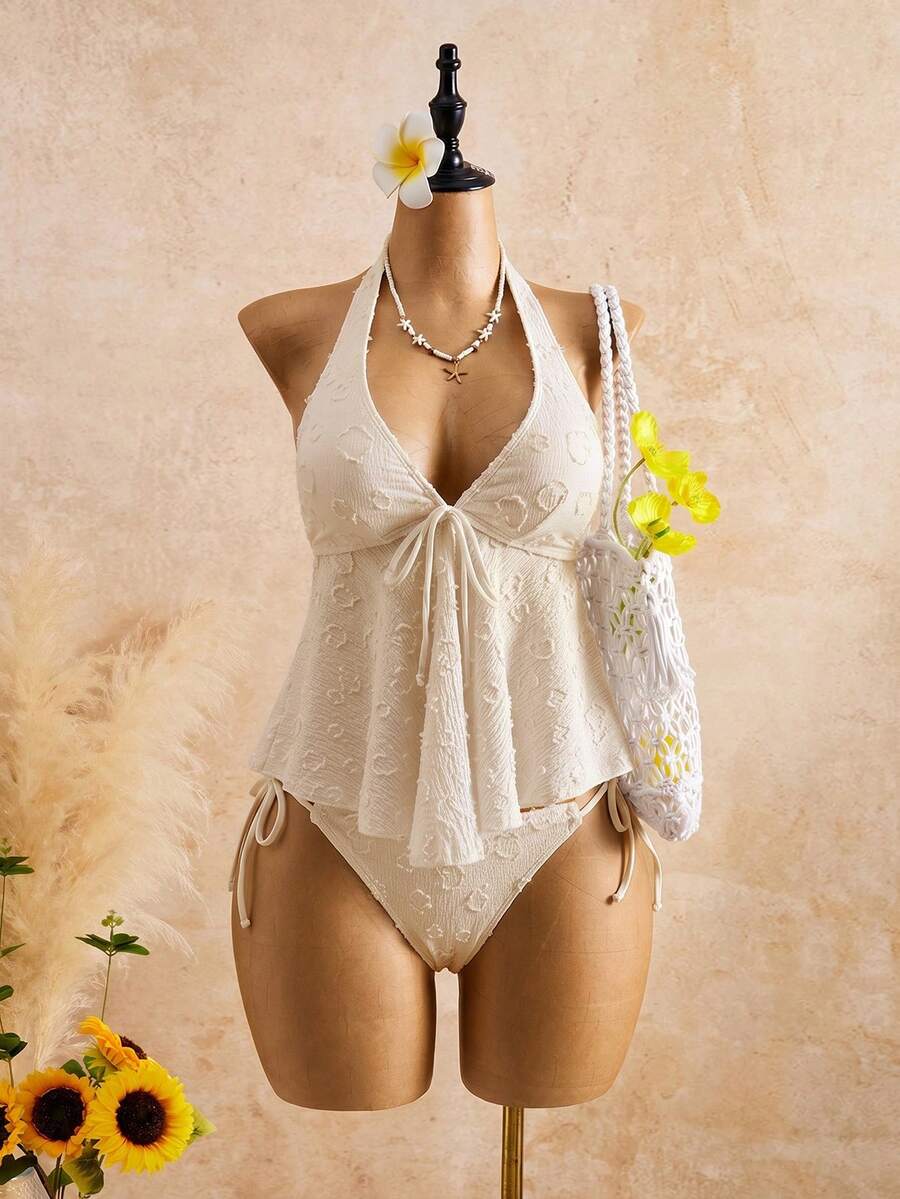 Women's Halter Neck Ruffle Lace Bikini Set: Flattering Two-Piece Swimsuit For Hot Springs - Apricot - View 1