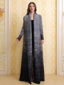Middle East Grey Printed Pleated Long Robe, Dubai Style Elegant Plus Size Cardigan, Arabic Women's Abaya, Kaftan (Exclusive Design). Z514 - Grey - View 2
