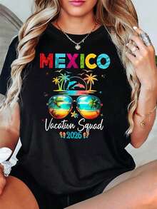 Camiseta con estampado gráfico de gafas de playa "Mexico Vacation Squad 2026" para mujer, de manga corta y cuello redondo, estilo casual para primavera-verano, - Negro - Ver 1