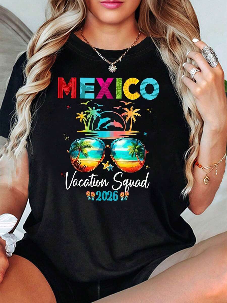 Camiseta con estampado gráfico de gafas de playa "Mexico Vacation Squad 2026" para mujer, de manga corta y cuello redondo, estilo casual para primavera-verano, - Negro - Ver 1