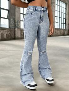 Girls' Vintage Washed Denim Jeans, Fashion Distressed Flare Leg Design, Streetwear, Campus, College Style - Blue - View 3