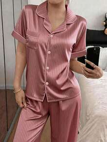 Dreamivo Casual Home Wear Women's Pajama Set Comfortable Minimalist Striped Print Style Suitable For Spring And Summer - Rusty Rose - View 4
