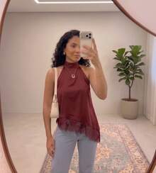 Women's Asymmetrical Cropped High Neck Halter Blouse With Lace Tie At The Neck - Boho Chic, Casual, Elegant,  Autumn/Winter Fashion - 紅木色 - 查看 1
