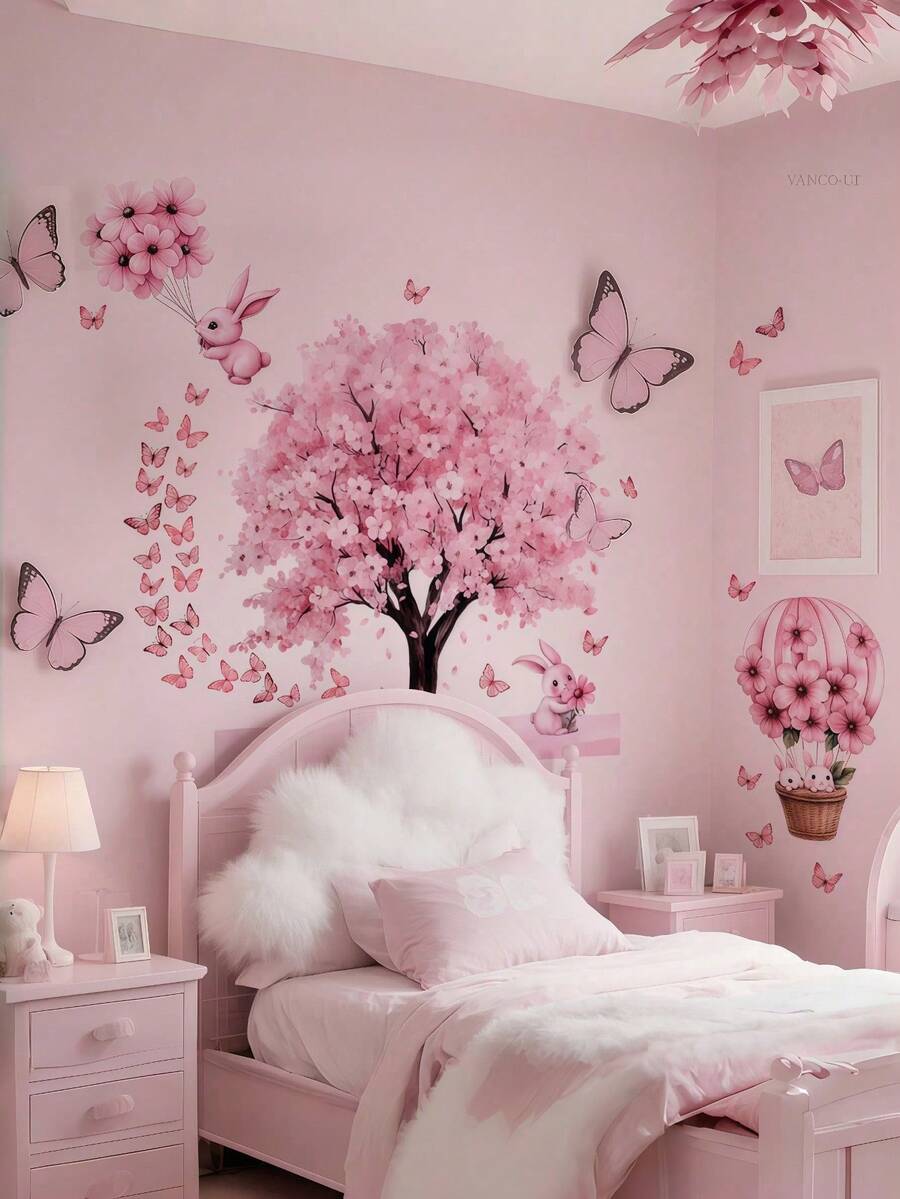 1 pieza Pegatina de pared con conejo rosa de dibujos animados, árbol grande y mariposa, decoración de habitación, calcomanía de pared autoadhesiva, pegatina de pared autoadhesiva semimate removible, adecuada para sala de estar, dormitorio, habitación, decoración del hogar, pegatina de pared, pegatina de vinilo, decoración de primavera, añade vitalidad a tu hogar, pegatina decorativa Rama, regalo de cumpleaños y graduación - Varios estilos - Ver 1