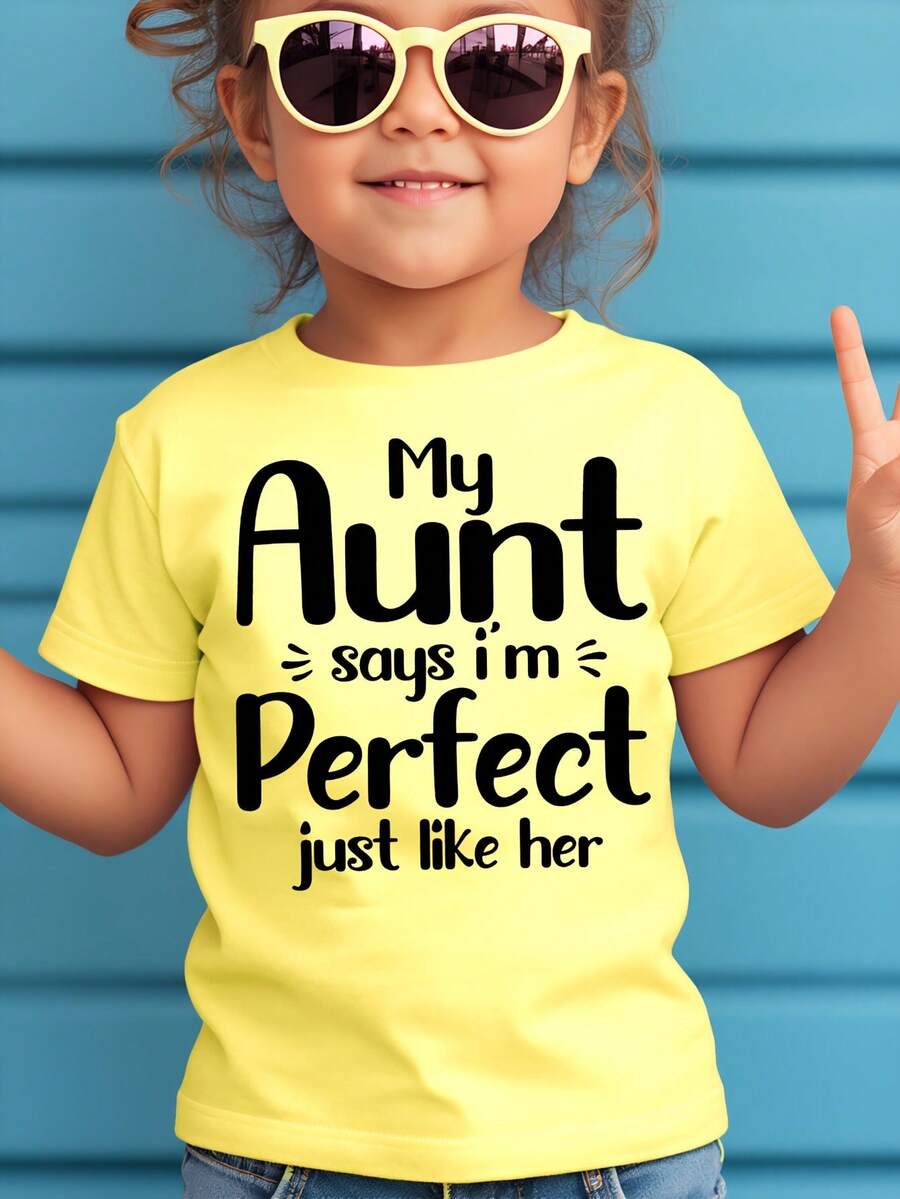 Girl's T-Shirt With Letter Print, Creative, Novel And Fashionable. - 黃色 - 查看 1