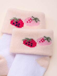 8雙嬰兒新生兒襪子，適合0-12個月女嬰，復古紅、海軍藍波點圖案，草莓刺繡，可折疊袖口，柔軟棉質，適合嬰兒日常穿著 - 彩色 - 查看 6