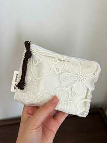 刺繡蕾絲白色鏤空網格化妝包 錢包卡夾 復古花卉旅行收納袋 拉鍊化妝收納包 女用 硬幣包 - 白色 - 查看 11