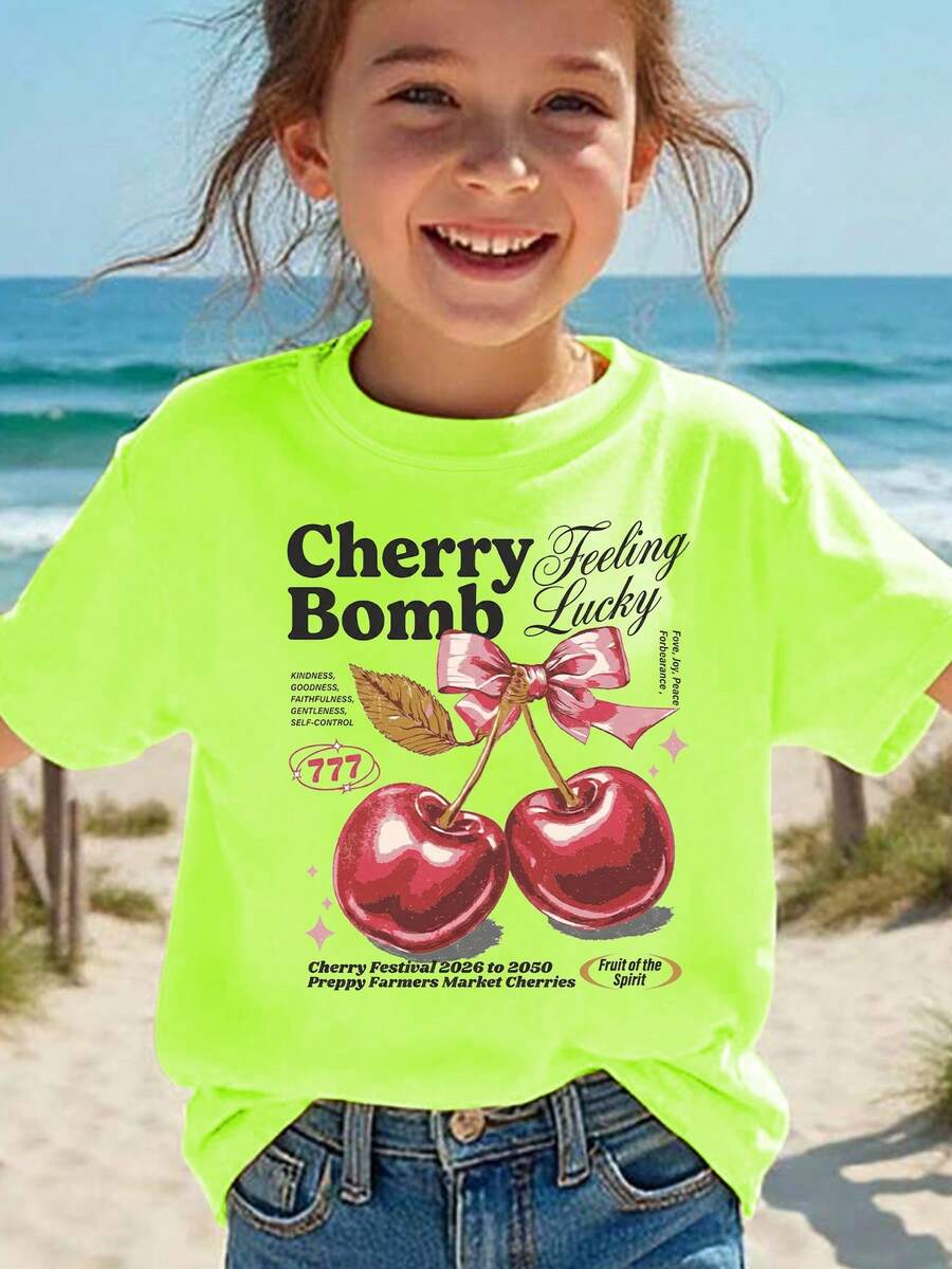 Girls' Short-Sleeved T-Shirt, Summer Style, With "Cherry Bomb" Print, Bow And Cartoon Cherry Design, Casual And Versatile Top NY-DX9386 - 藍色 - 查看 1