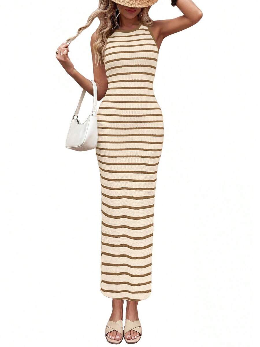 New Striped Dress With Round Neck For Women: Ideal For Any Occasion. - 卡其色 - 查看 1