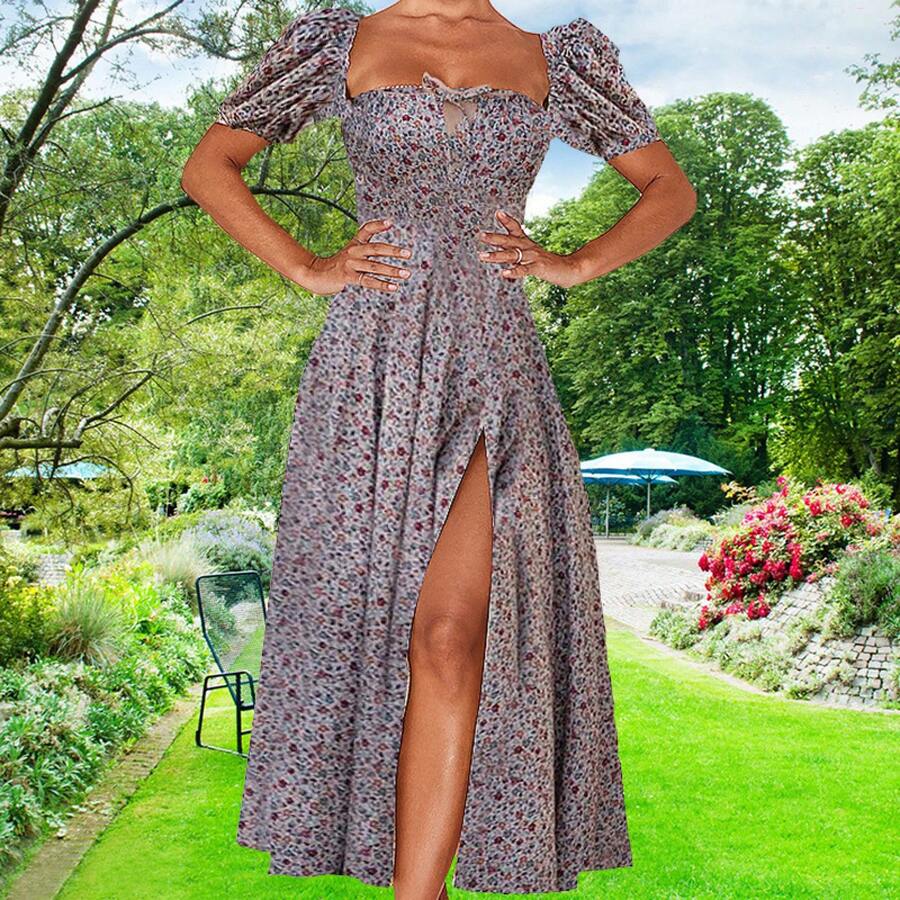 European And American Women's Fashion 2023, New Style, Fresh Floral Print Strappy Dress, Slim Fit And Side Slit For Women, Summer And Autumn - 灰色 - 查看 1
