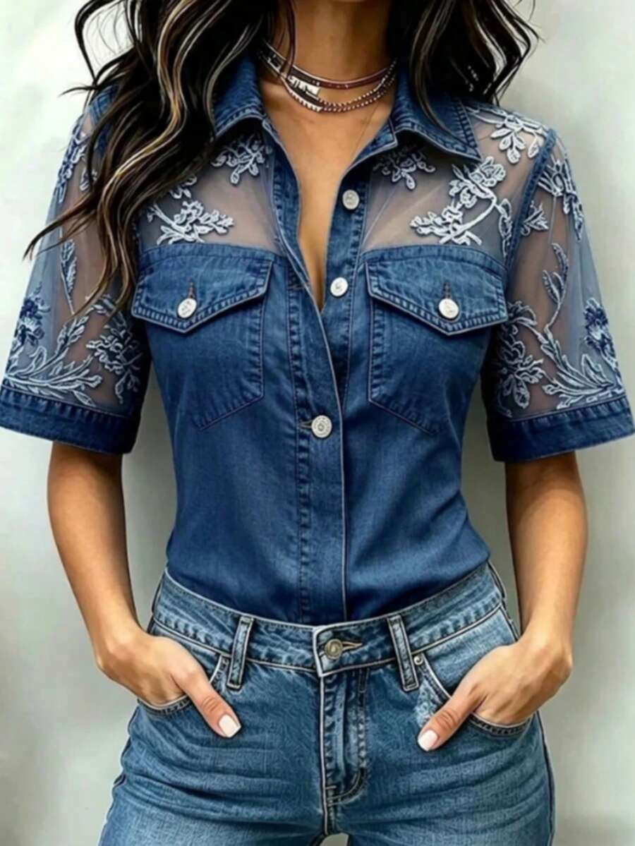 Women's Denim Fabric & Mesh Patchwork Shirt, Long Sheer Puff Sleeves, Button-Down With Fake Chest Pockets, Slim Fit Casual Top For Everyday Wear - 深藍色 - 查看 1