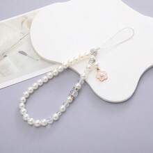 2 Estilos Correa de Muñeca para Teléfono con Cuentas de Perlas Falsas y Flores, Elegante Cordón para Teléfono con Cristales de Strass, Decoración para Bolso, Llave y Auriculares para Mujeres y Niñas - Pulsera de perlas y camelias - Ver 4